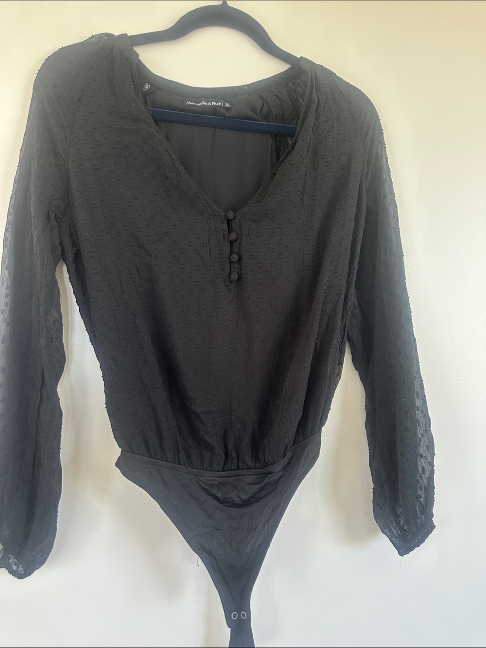 Abercrombie & Fitch Black Sheer Dot Long‑Sleeve V‑Neck Bodysuit